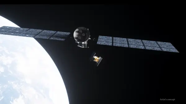 A small spacecraft with large solar panels deploying mechanic arms that reach a big. cubical object with smaller solar panels.