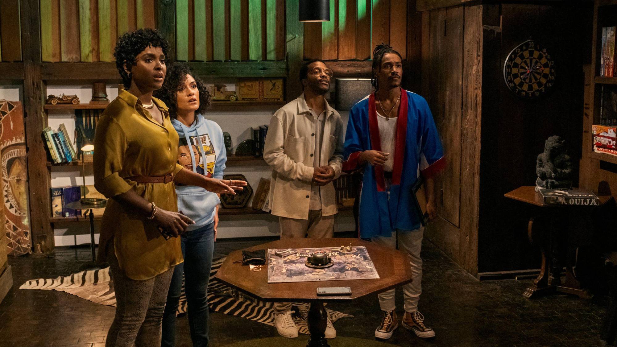 (L-R) Antoinette Robertson as Lisa, Grace Byers as Allison, Jermaine Fowler as Clifton Dewayne Perkins as Dewayne in "The Blackening"