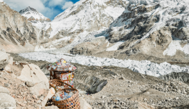 baskets of trash on mount everest