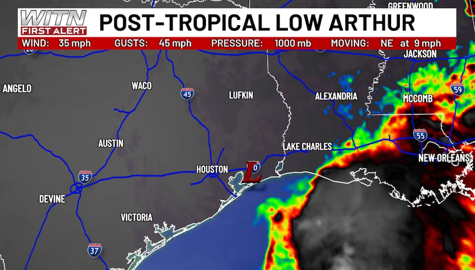 Arthur has lost its tropical storm designation and is now a post-tropical system.