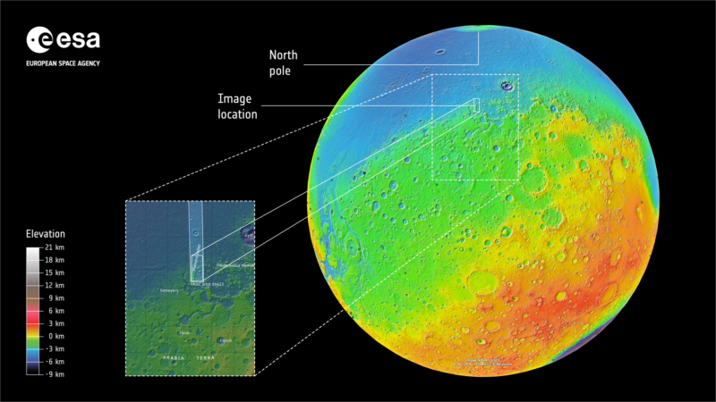 A rainbow-hued planet with lots of craters on the bottom and smoother near the top with an inset there.