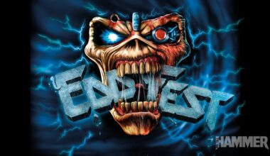 Iron Maiden mascot Eddie biting down on the word EDDFEST