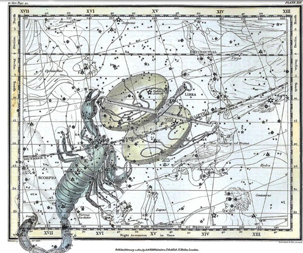 a graphic showing the scorpius constellation and the libra constellation in the night sky.