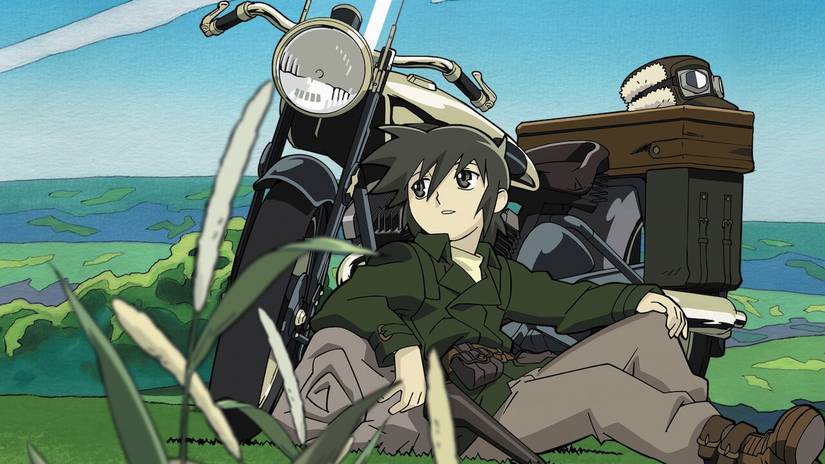 Kino rests against her talking motorcycle in Kino's Journey