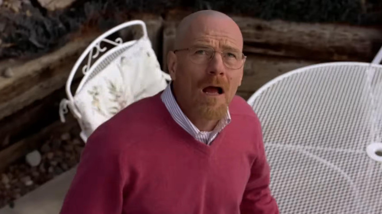 Bryan Cranston as Walt wearing a pink sweater and looking at the sky in Breaking Bad