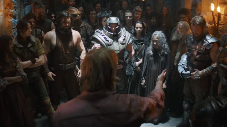 Prince Adam (Nicholas Galitzine) addresses King Randor's warriors in Eternia in Masters of the Universe (2026)