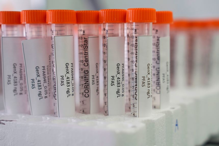 Vials containing PFAS samples sit in a tray April 10, 2024, at a US Environmental Protection Agency lab in Cincinnati, Ohio.