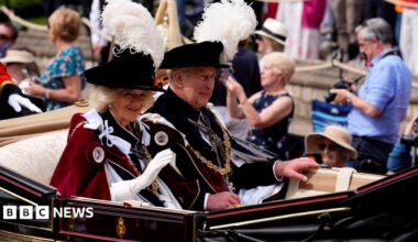 King Charles III and Queen Camilla in a carriage after attending the annual Order of the Garter Service at St George's Chapel, Windsor Castle on 15 June 2026.