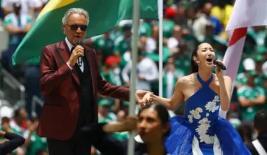 Singers Andrea Bocelli (left) and Ejae performing during the pre-game show before the opening match of the FIFA World Cup 2026 between Mexico and South Africa in Mexico City, Mexico, June 11 June, 2026.