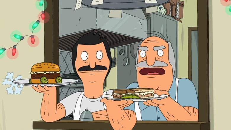 Bob and Big Bob serve sandwiches through a window in Bob's Burgers.