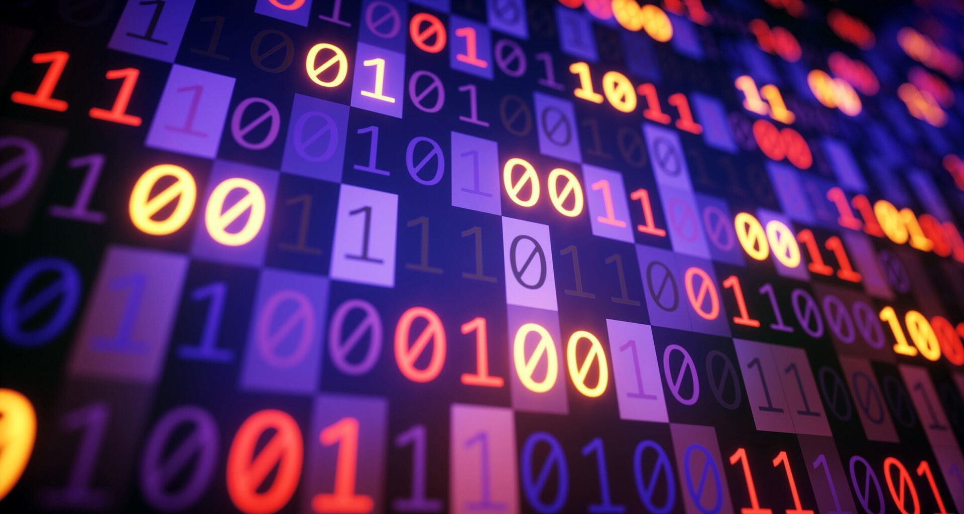 A close up of a screen showing a series of zeros and ones in purple boxes, some numbers lit up and others not