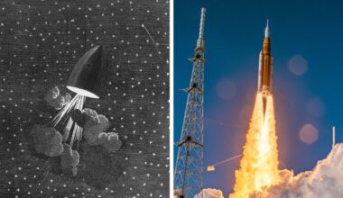 A split image showing an illustration of Jules Verne's "Around the Moon" (L) and a photo of the Artemis 2 rocket launch (R)