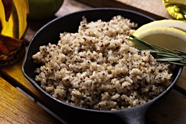Quinoa with Brown Rice in a Cast Iron Pan.