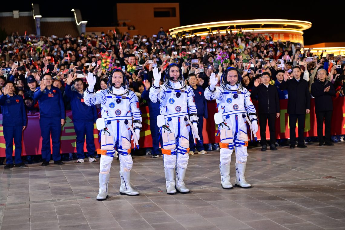 Oct. 31, 2025: Chinese astronauts Zhang Lu (right), Wu Fei (center) and Zhang Hongzhang (left) attend a send-off ceremony before the launch of the Shenzhou-21 crewed space mission at China’s Jiuquan Satellite Launch Center.