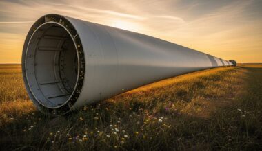 a decommissioned wind turbine blade lying in a field at golden hour, clean energy s