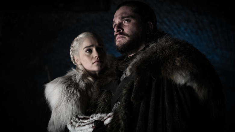 Daenerys looking up at a troubled Jon Snow on Game of Thrones