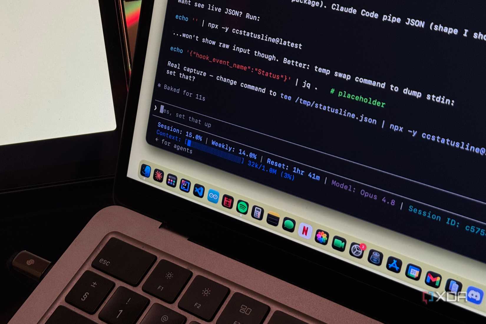 developer coding on laptop with terminal window displaying json and npm commands