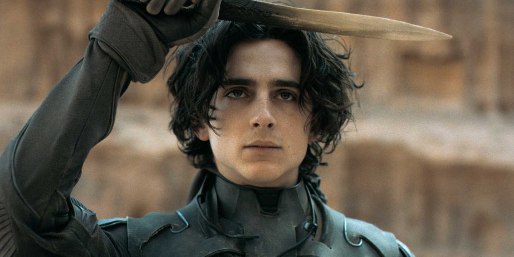 Timothée Chalamet holding a blade while saluting in Dune
