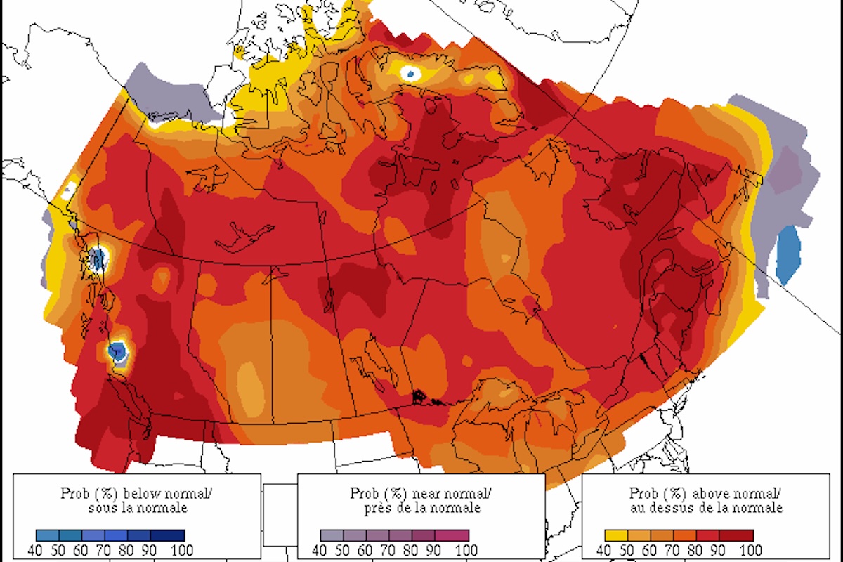 A map of Canada with red, orange and yellow splotches all over it.