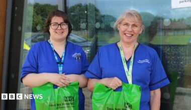 Nurses Elizabeth Dixon and Gemma Crooks standing outside the hospital. They are wearing blue uniforms and holding green care bags. Both wear glasses. One has short brown hair and the other blond hair with a fringe which may be short or tied back.