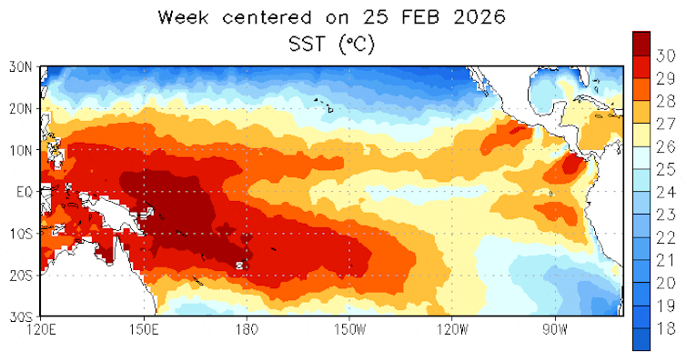 A GIF of a map of the Pacific Ocean showing higher temperatures in red, orange and yellow.