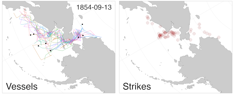 Voyage routes and harpoon locations of whaling ships: 1854-09-13