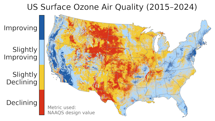 A US map showing highest increases in ozone across the Western mountains, Great Plains and Midwest, including Minnesota and Wisconsin, which saw many heavy smoke days from Canadian wildfires.