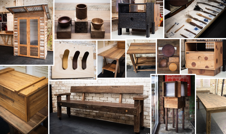 A composite picture of household objects made with hardwood.