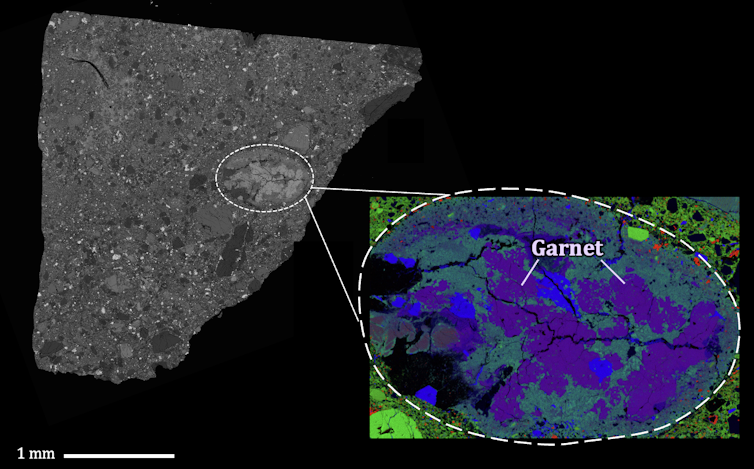 A diagram showing a grey fragment of meteorite and a computer-generated colour-coded image of its contents.