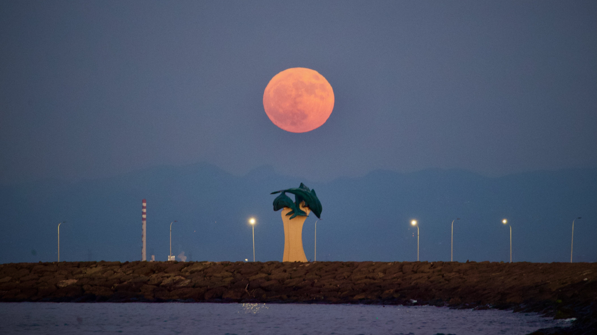 a large pink hued moon rises above a dolphin sculpture next to a large body of water.