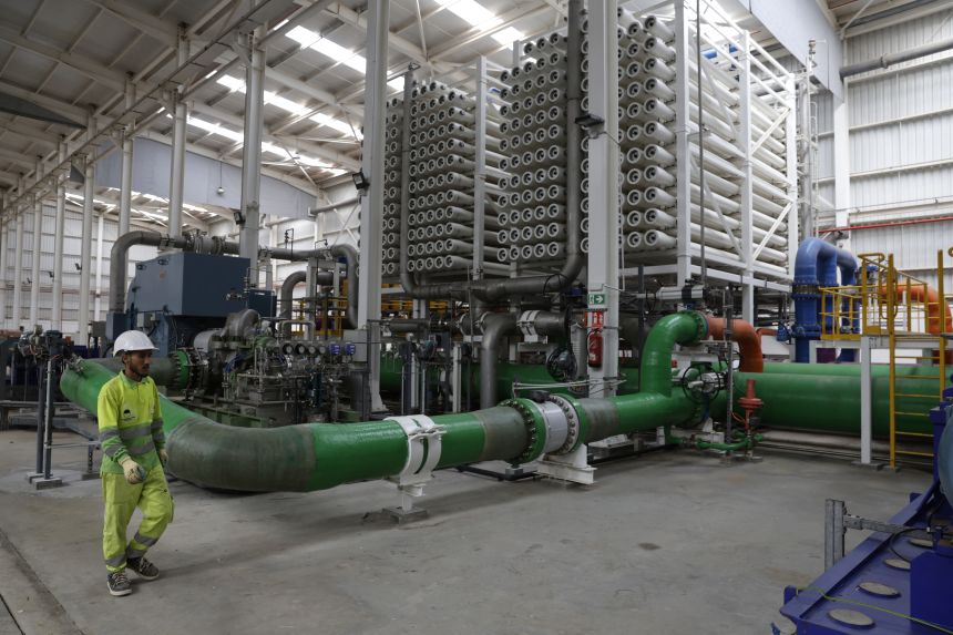 The Chtouka Aït Baha desalination plant — opened in 2022 south of Agadir — is one of Morocco's flagship projects. The tubes pictured contain the key to desalination: membranes where high-pressure pumps force seawater through to filter out salts.