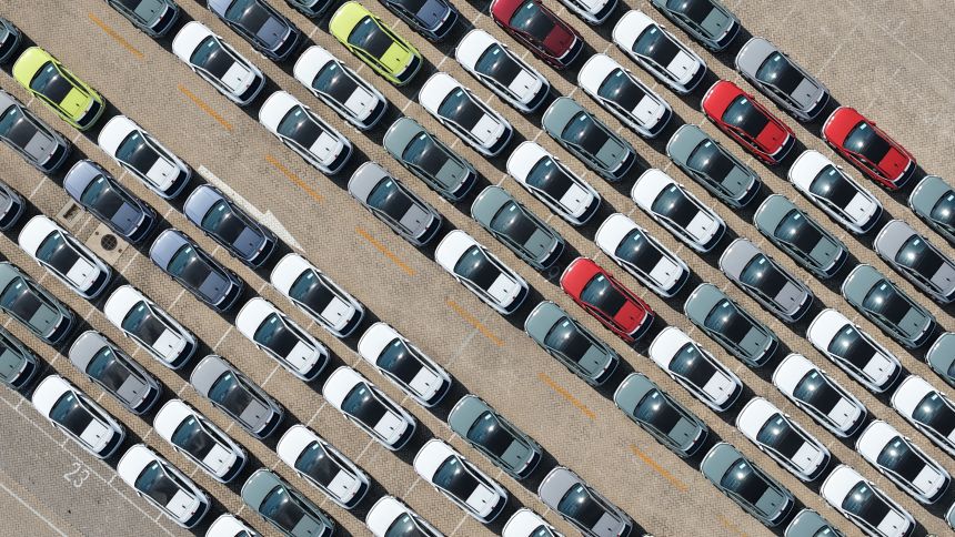 Imported Hyundai electric vehicles are parked at a car yard in Yantai City, China, on June 16, 2026.