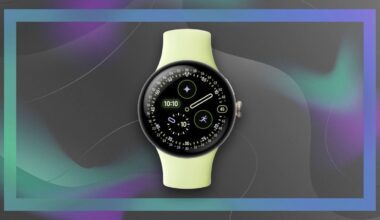 Google Pixel Watch 4 with a lemongrass yellow band on a gray backgroun