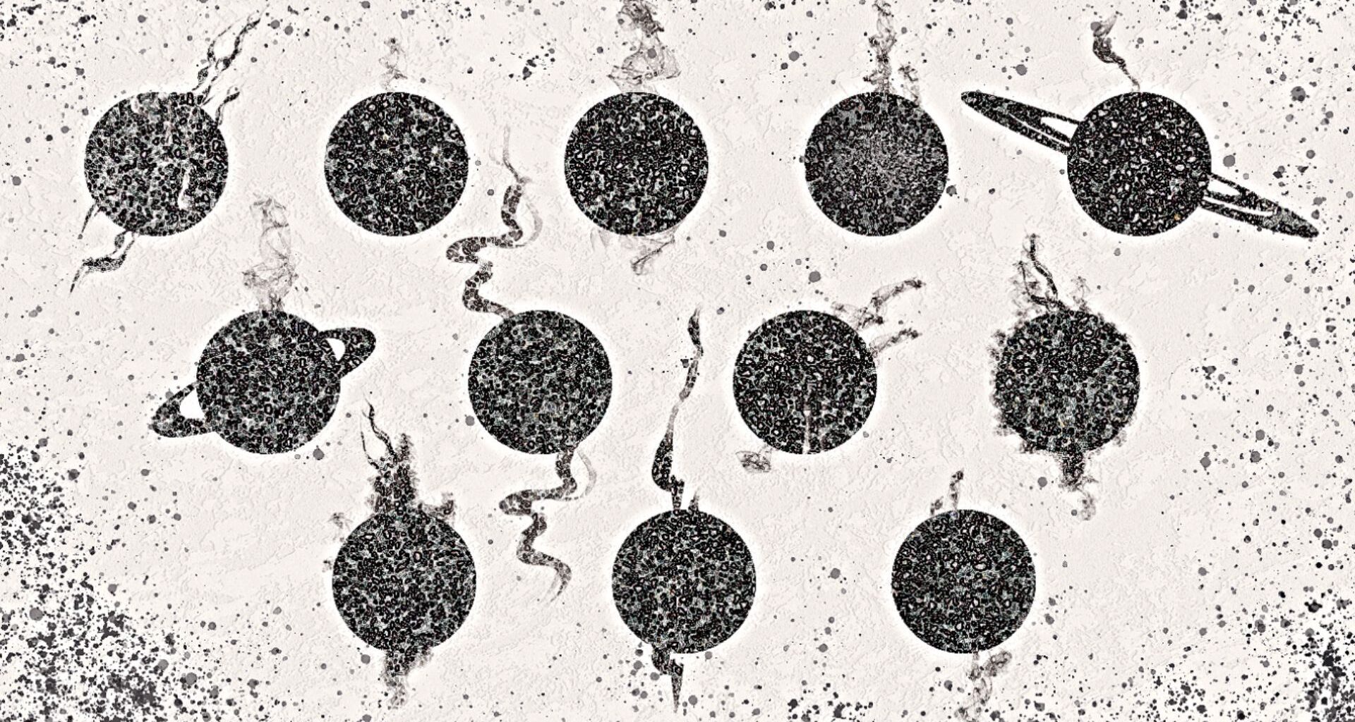 A black and white illustration showing a bunch of black circles releasing soot.