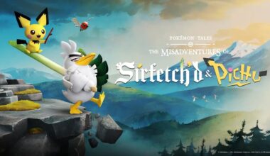 A promotional poster styled after a storybook features Sirfetch'd carrying Pichu on his massive leek lance across a rocky mountain ledge, with the text "Pok&eacute;mon Tales: The Misadventures of Sirfetch'd &amp; Pichu" displayed against a scenic valley background.