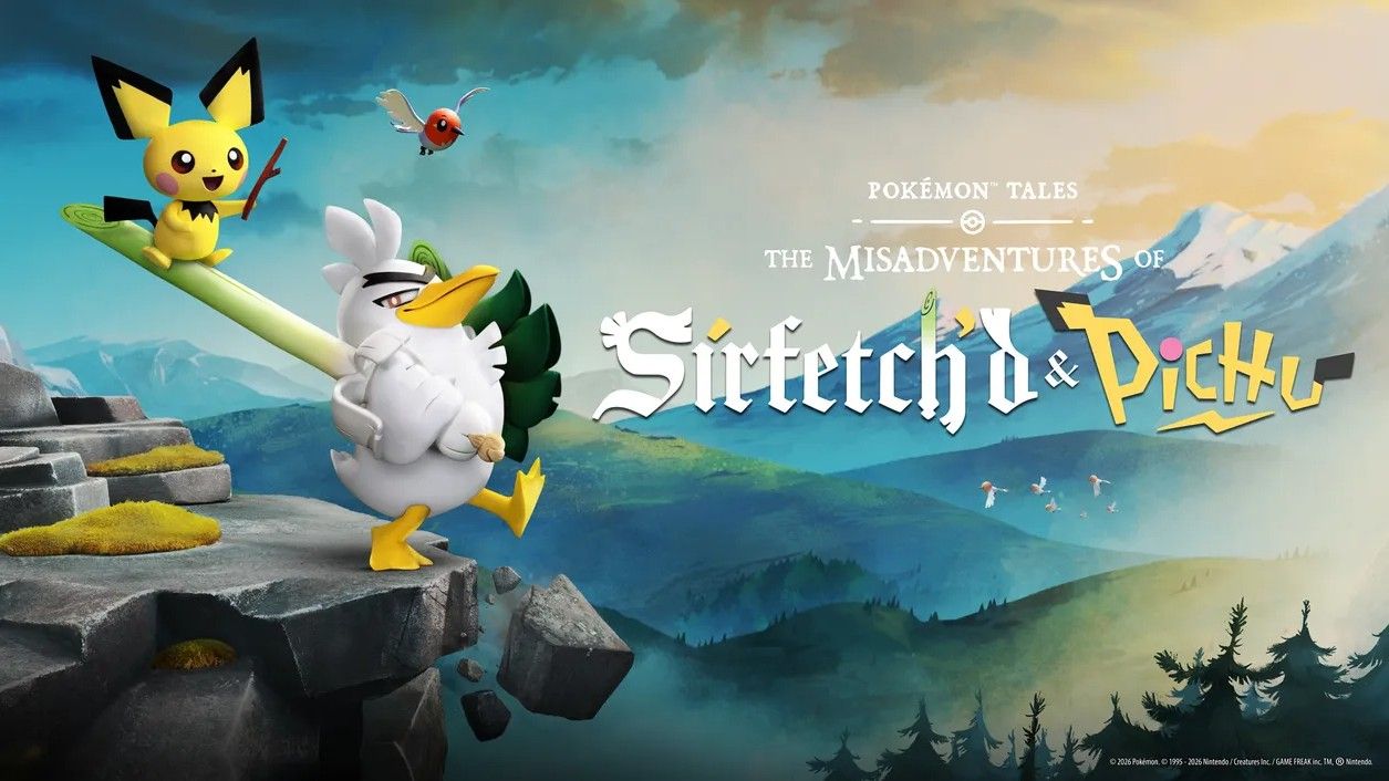 A promotional poster styled after a storybook features Sirfetch'd carrying Pichu on his massive leek lance across a rocky mountain ledge, with the text "Pok&eacute;mon Tales: The Misadventures of Sirfetch'd &amp; Pichu" displayed against a scenic valley background.