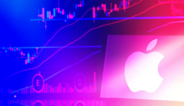 Apple Inc. logo displayed on a monitor with stock prices behind it showing financial ups and downs