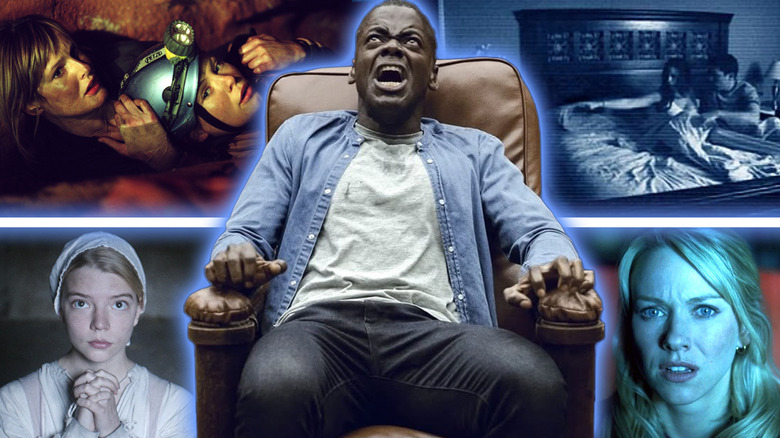 Daniel Kaluuya as Chris Washington in Get Out, surrounded by Shauna Macdonald as Sarah Carter and Natalie Mendoza as Juno Kaplan in The Descent, Anya Taylor-Joy as Thomasin in The Witch, Katie Featherston as Katie and Micah Sloat as Micah in Paranormal Activity, and Naomi Watts as Rachel Keller in The Ring.