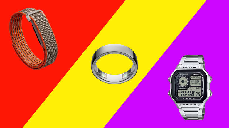 Three-paneled image: Fitbit Air, Oura Ring 5, Casio watch