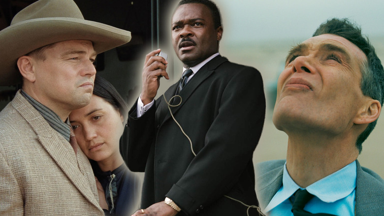 A collage of Martin Luther King, Jr. (David Oyelowo) in Selma flanked by Ernest Burkhart (Leonardo DiCaprio) and Mollie Burkhart (Lily Gladstone) in Killers of the Flower Moon on his left and J. Robert Oppenheimer (Cillian Murphy) in Oppenheimer on his right