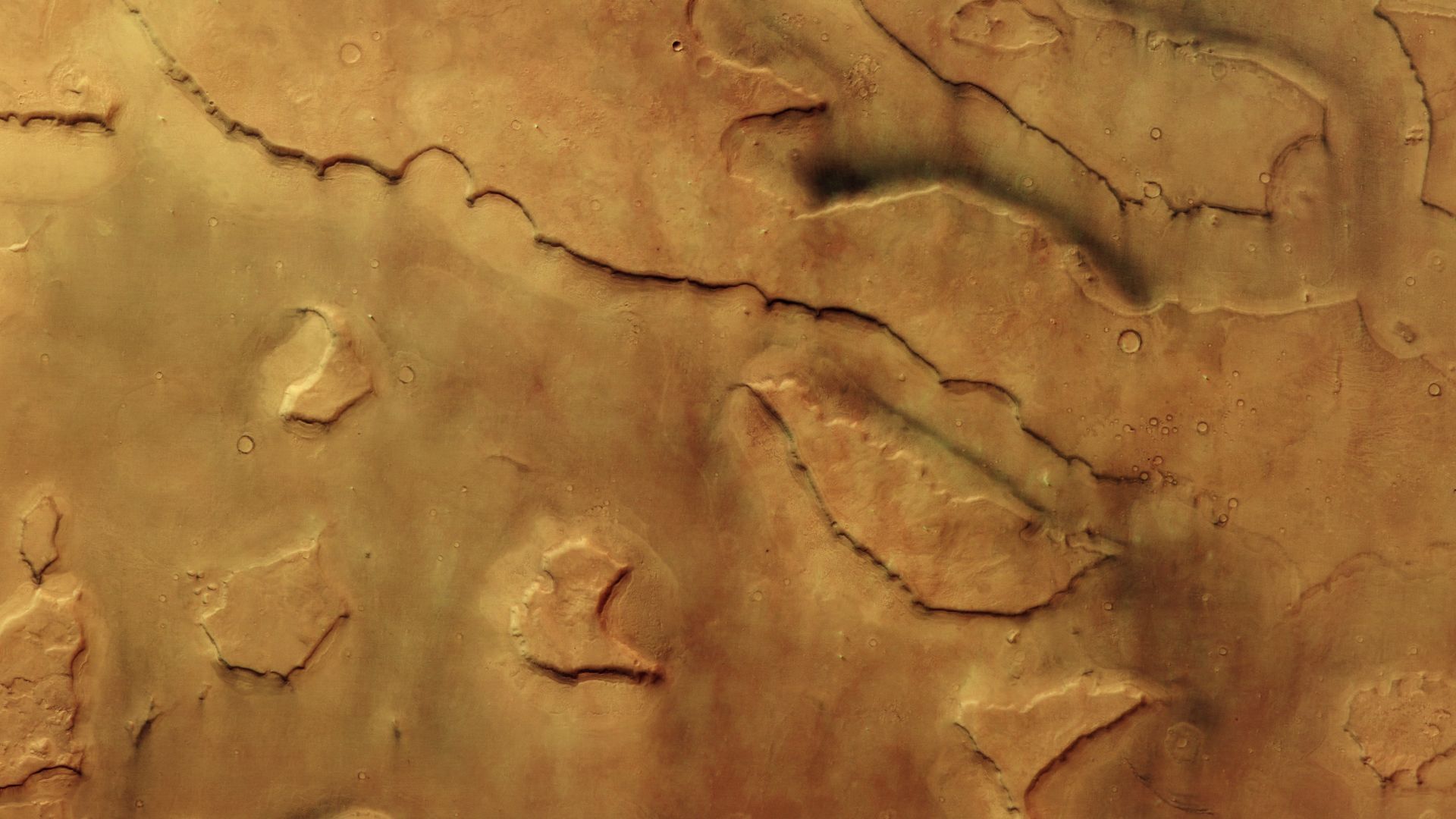 A tan-colored patch of Mars, with an area of lower land running between the left and center of the frame. Large islands dot the lower land and steep cliffs appear to divide the lower and higher land.