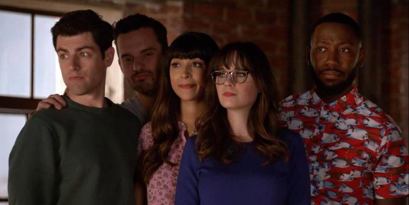 Schmidt, Nick, Cece, Jess, and Winston standing together in the 'New Girl' series finale.