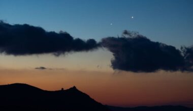 two bright dots in the sky, venus and jupiter conjunction.