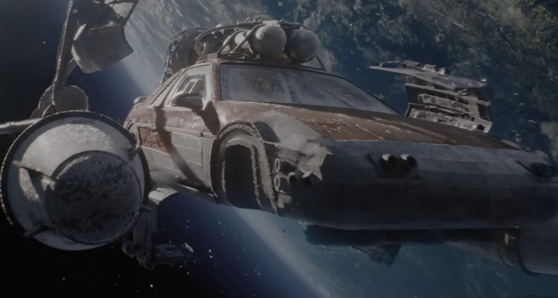 Screenshot from the space scene in Fast and Furious 9 (2021)