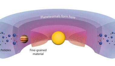 New research shows how and where different types of rocky bodies formed at different times following the Sun's formation. After Jupiter formed, it created a ring-shaped dust trap on the outside of its orbit. Differential gas pressure created the trap, and different types of rocky material gathered there at different times and in different amounts. This is how the Solar System's planetesimals formed, some of which grew into the rocky inner planets. Image Credit: MPS / hormesdesign.de