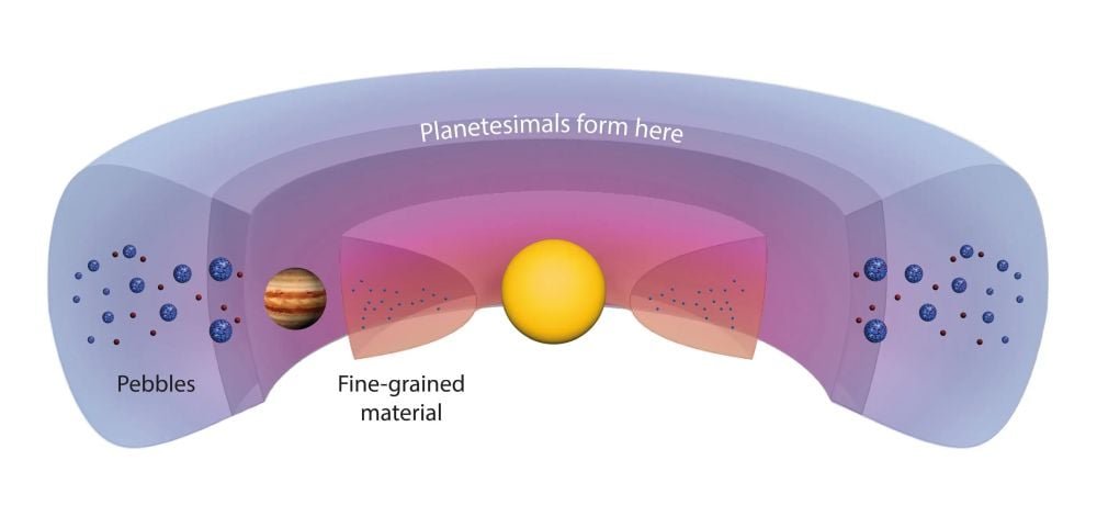 New research shows how and where different types of rocky bodies formed at different times following the Sun's formation. After Jupiter formed, it created a ring-shaped dust trap on the outside of its orbit. Differential gas pressure created the trap, and different types of rocky material gathered there at different times and in different amounts. This is how the Solar System's planetesimals formed, some of which grew into the rocky inner planets. Image Credit: MPS / hormesdesign.de
