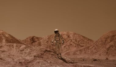 An astronaut in a spacesuit ventures across a barren, Mars-like desert landscape.