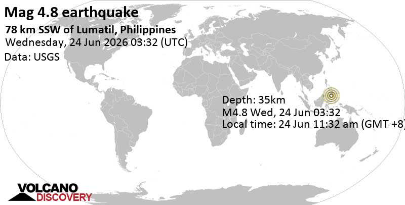 4.8 quake Celebes Sea, 91 km west of Sarangani Island, Philippines, Jun 24, 2026 11:32 am (GMT +8)