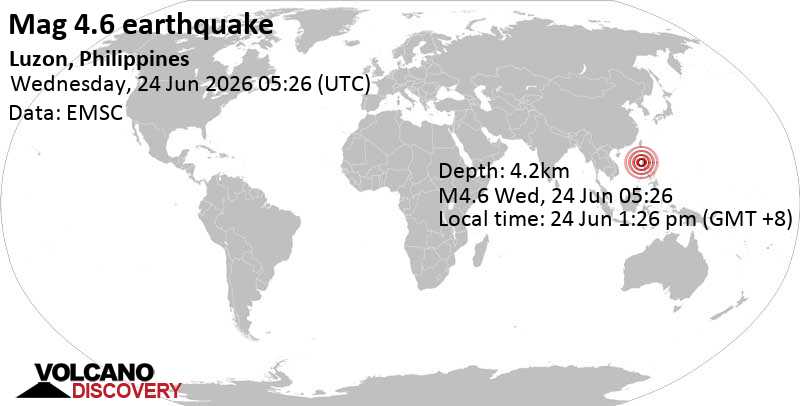 4.6 quake South China Sea, 62 km west of Agoo, Province of Pangasinan, Ilocos, Philippines, Jun 24, 2026 01:26 pm (GMT +8)