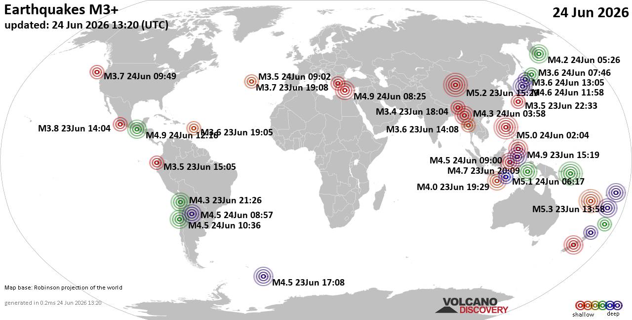 Worldwide earthquakes above magnitude 3 during the past 24 hours on 24 Jun 2026